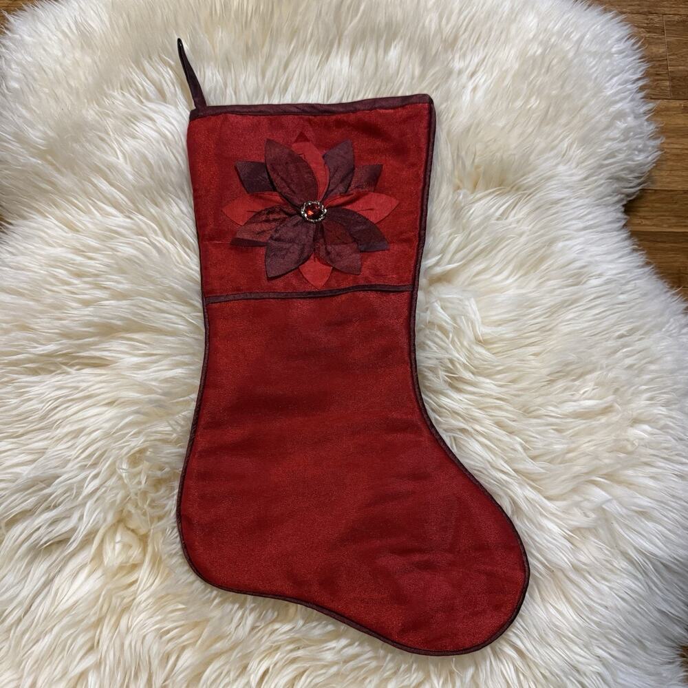 VTG Poinsettia Burgundy Red Christmas Stocking Metallic Thread Nylon Rhinestone